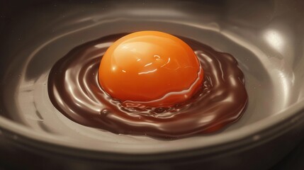 Poster -   An egg sits in a bowl with chocolate sauce drizzled over it, creating a splash at the base