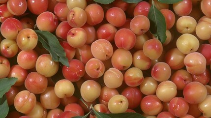 Poster -   A close-up of peaches with green leaves on top and peaches below