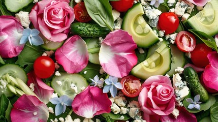 Canvas Print -   A close-up of a bouquet with tomatoes and cucumbers surrounded by flower petals