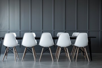 Wall Mural - A minimalist modern office with white chairs and a black table, gray blue wall panel cladding, interior design, interior architecture, window light from the side, clean background Generative AI