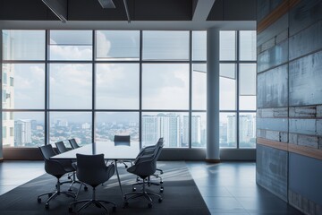 Wall Mural - modern white and grey office with a dark blue wood wall, a large window on the right side showing a city view, a minimalistic designed table in front of it with chairs around it Generative AI