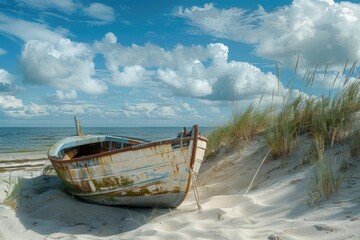 Poster - A boat situated on the edge of a sandy beach, possibly waiting for its next adventure or just taking a break