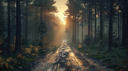 Wall Mural - A road in a forest with a sun shining through the trees. The sun is in the middle of the sky and the road is wet