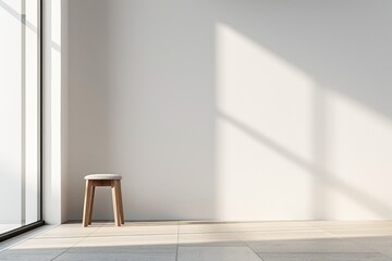 Aufkleber - A simple wooden stool sits in front of a window, offering a cozy seating area