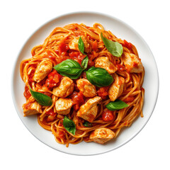 Poster - A Plate of Chicken Pasta with Tomato Sauce Isolated on a Transparent Background