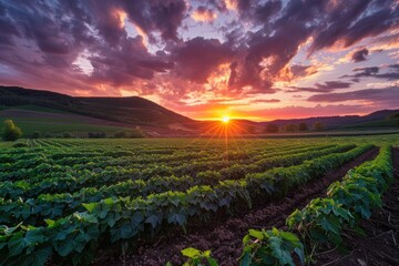 Wall Mural - a field of green plants with a beautiful sunset in the background. the sky is filled with clouds and