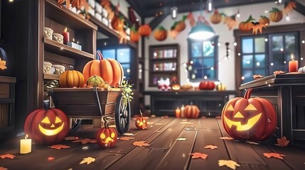 Poster -   A room adorned with numerous pumpkins perched atop a wooden floor, beside an oven with a stove top