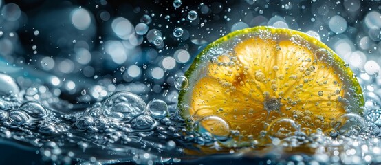 Wall Mural - In a transparent water soda drink background, lime slice fruit splashes in transparent water