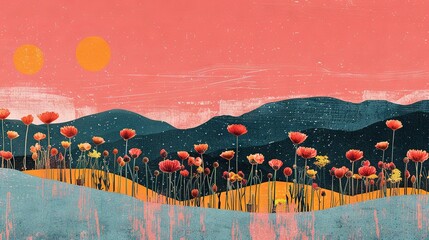 Wall Mural -   A stunning painting featuring a field of vibrant flowers in foreground, majestic mountains in the distance, and a warm pink sky with radiant sun in the backdrop