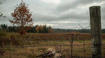 Poster -   A fence in the background with a tree, a field in front, and a fence post in focus