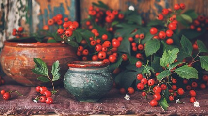 Poster -   A vase sits atop a table beside a red-berried bush and a green-leafed pot