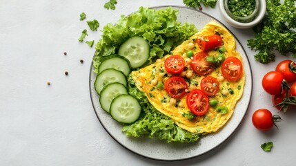 Poster - Omelette with tomatoes, cucumber and lettuce on a plate.