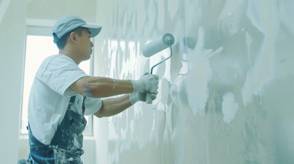 Canvas Print - A person applies paint to a wall using a paint roller, a common DIY task