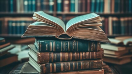 Aufkleber - Open book on a stack of books in a library.