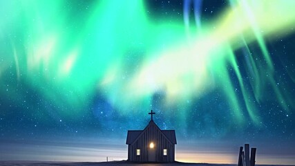 Wall Mural - Iceland Church and Aurora Dance Amidst Time Lapse Pan R Generative AI