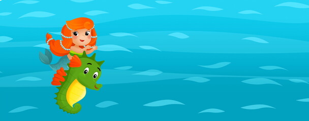 Fototapete - Cartoon ocean and the mermaid in underwater kingdom swimming diving with sea animal illustration for kids
