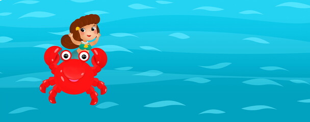 Fototapete - Cartoon ocean and the mermaid in underwater kingdom swimming diving with sea animal illustration for kids