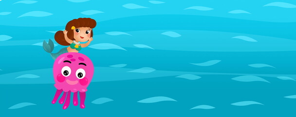 Fototapete - Cartoon ocean and the mermaid in underwater kingdom swimming diving with sea animal illustration for kids