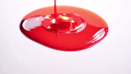 Poster - This Thick red syrup is slowly pouring onto a white surface, glistening under the light.