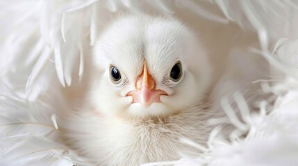   A close-up image of a small white bird with feathers on its back and a striking blue eye