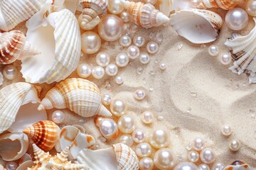 Poster - Close-up shot of shells and pearls scattered on sandy beach