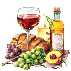 Wall Mural - Watercolor glass of red wine, loaf of bread, green and red grapes, cheese, cherry fruits, chocolate illustration. Food for romantic picnic composition. Gourmet elements isolated on white background