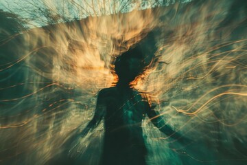 Poster - A person standing alone in a dense forest, blurred image