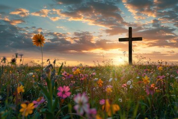 Poster - A cross standing in a field of colorful flowers