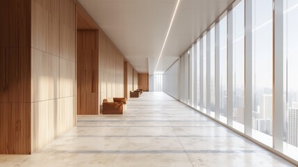 Poster - A long hallway with numerous windows, ideal for interior design and architecture illustrations