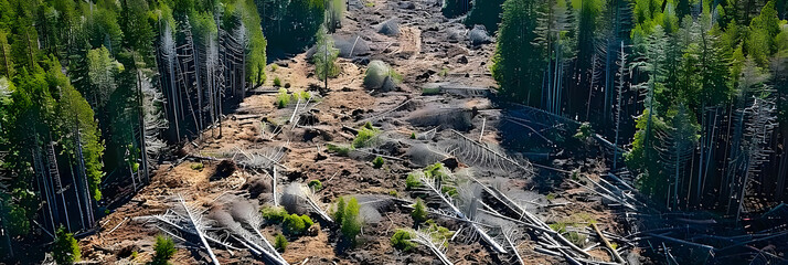 Wall Mural - Aerial drone view of forest trees cleared through deforestation logging job in the Pacific Northweset