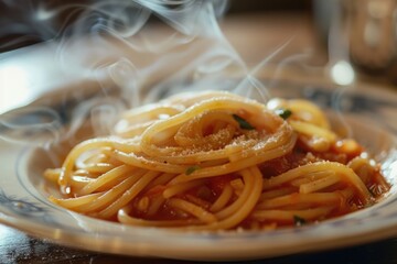 Wall Mural - A plate of pasta filled with smoke, great for use in culinary or cooking scenes