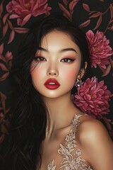 Poster - A young woman poses gracefully against a floral backdrop, showcasing stunning makeup and an elegant outfit with soft lighting accentuating her features