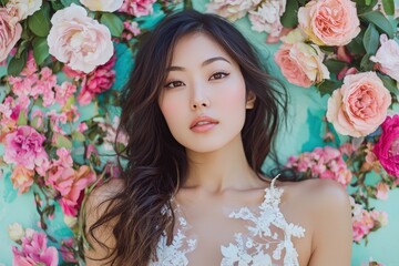 Sticker - A young woman with flowing hair poses beautifully surrounded by vibrant roses in an artistic floral display