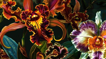 Poster - Colorful orchids display intricate patterns and vivid hues in a lush tropical environment, showcasing the beauty of nature's floral diversity