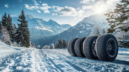 Poster - Four winter tires are neatly arranged on a snow-covered road surrounded by towering mountains under a clear blue sky