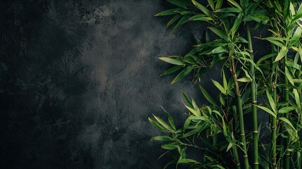 Aufkleber - A vibrant bamboo plant is elegantly positioned against a dark textured backdrop, showcasing its rich green leaves