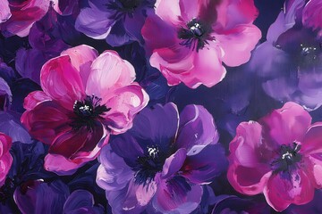 Canvas Print - An array of vivid pink and purple flowers blooms against a deep background, showcasing delicate petals and intricate details