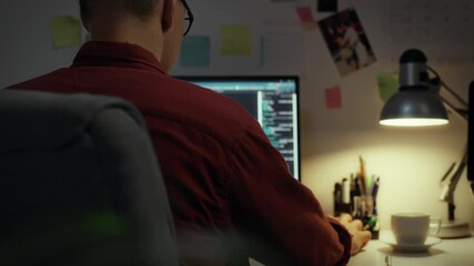 Developer. Experienced specialist carefully development optimization of algorithms in the workplace. Cinematic frame remote access worker debugs program code develops neural network, data analysis