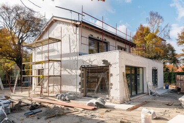 Poster - A house under construction with scaffolding and scaffolding around it