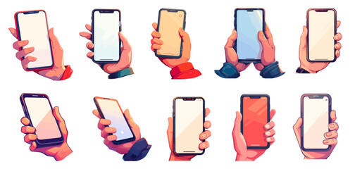 Fototapete - Cartoon hands holding smartphone set. People with mobile phones with empty screens, cellphones mockup vector illustration