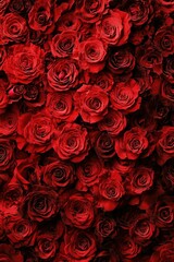 Aufkleber - A dense arrangement of red roses showcases their rich color and intricate petals, creating a romantic and inviting atmosphere