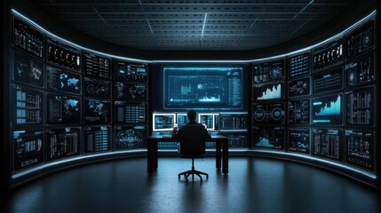 Poster - A data analyst examines financial charts and graphs on several computer screens in a contemporary office setting during the evening