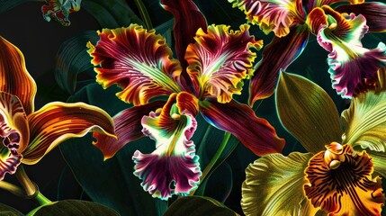 Aufkleber - Colorful orchids showcase intricate petals and patterns, creating a striking visual effect in a beautifully arranged botanical setting