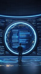 Poster - A business professional engages with an advanced holographic interface, showcasing innovative technology and digital interaction in a sleek office environment