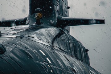 Poster - A submarine is submerged in water with rain falling around it, useful for backgrounds or concept art
