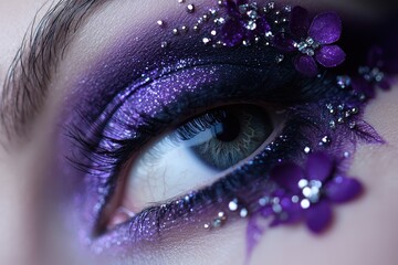 Poster - A stunning eye showcases intricate purple makeup adorned with flowers and sparkles, highlighting artistry and creativity in beauty design