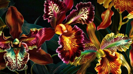 Aufkleber - Vividly colored orchids flourish amidst rich green leaves, showcasing a variety of hues and patterns in a tranquil garden setting