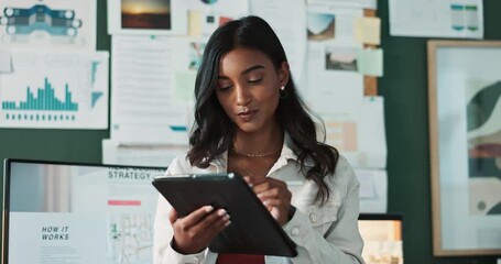 Wall Mural - Tablet, thinking and social media manager woman with engagement analytics, metrics or research. Analytics, digital marketing and technology with creative employee in workplace for platform study