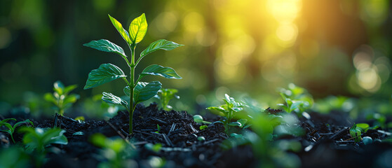 Close Up of Green Plant Growing in Rich Soil with Sunlight