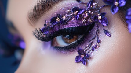 Poster - A close-up showcases stunning purple floral eye makeup adorned with intricate details, perfect for an elegant evening celebration
